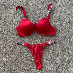 Victoria Secret Shine Strap Swim Brazilian Bombshell Add-2-cups Push-up Set Red